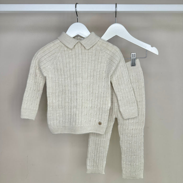 Beige Cable Knit Polo Tracksuit