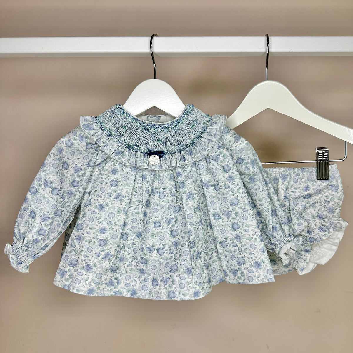 Blue Printed Smocked Dress & Pant Set