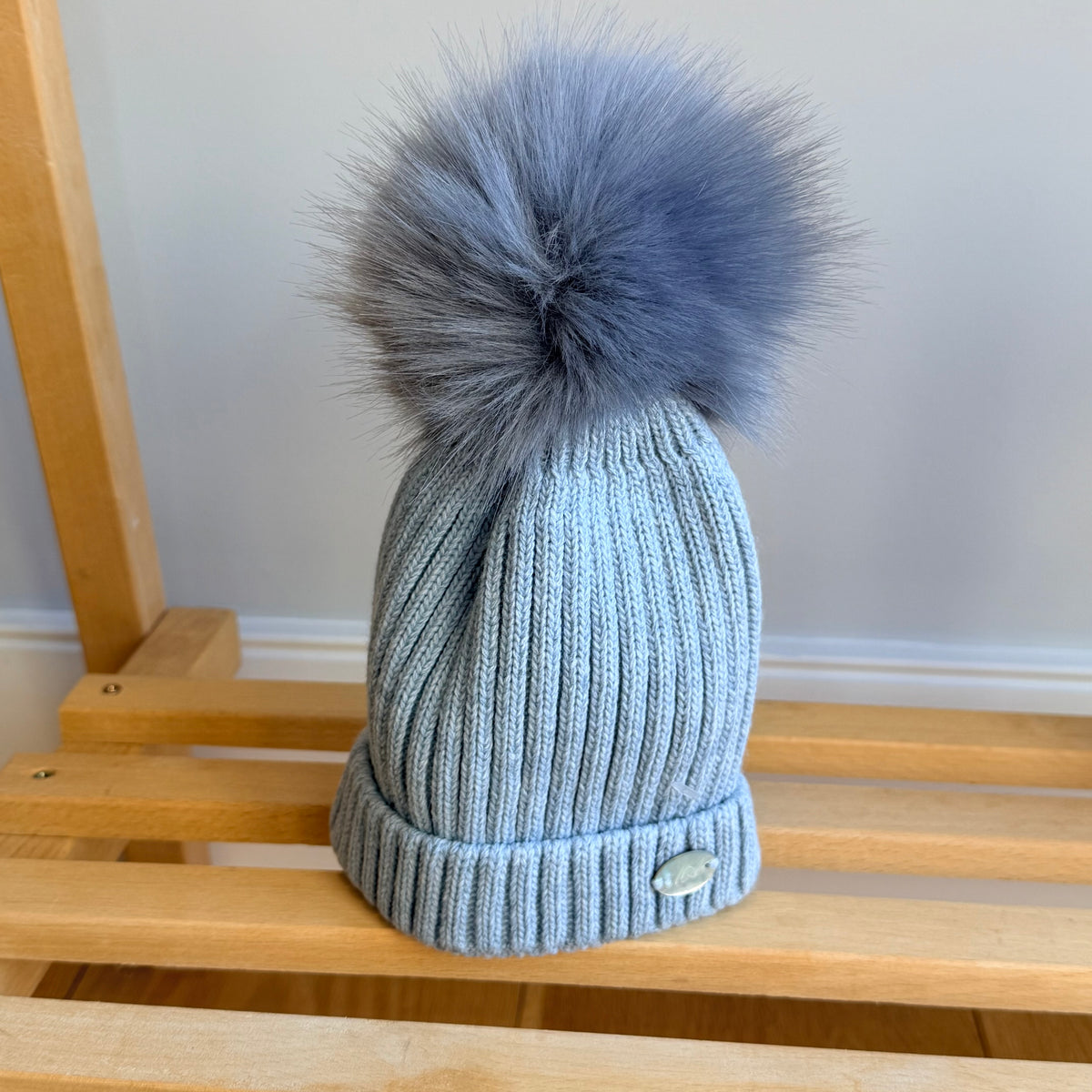 Blue Knitted Hat With Pom
