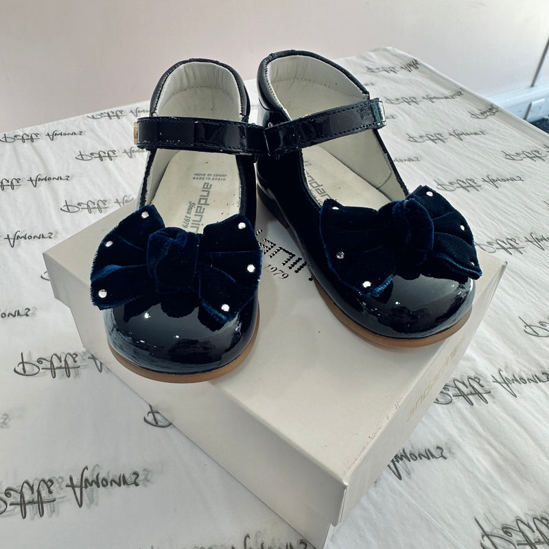 Navy Patent High Top Shoes With Velvet Bow