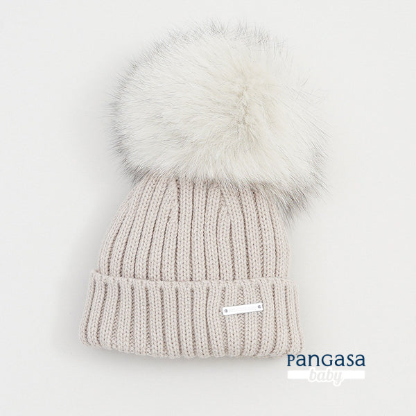 Camel Ribbed Beanie Hat With Pom