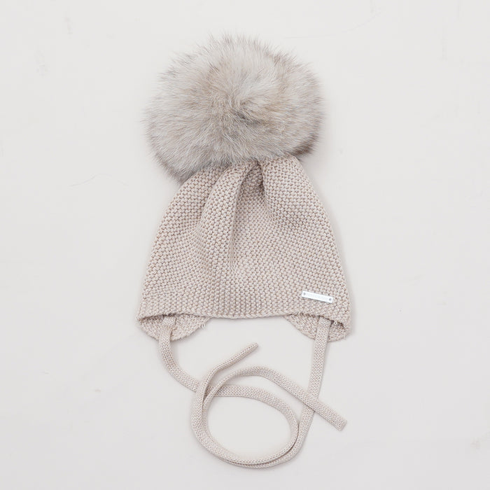 Sand Knitted Tie Hat With Pom