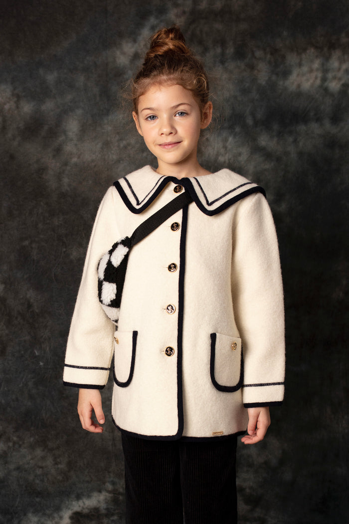 Girls Cream With Navy Trim Oversized Collar Wool Coat
