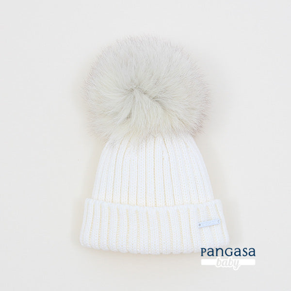 Ivory Ribbed Beanie Hat With Pom