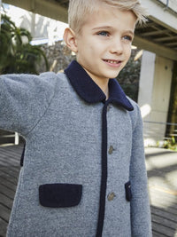 Boys Grey With Navy Trim Wool Coat