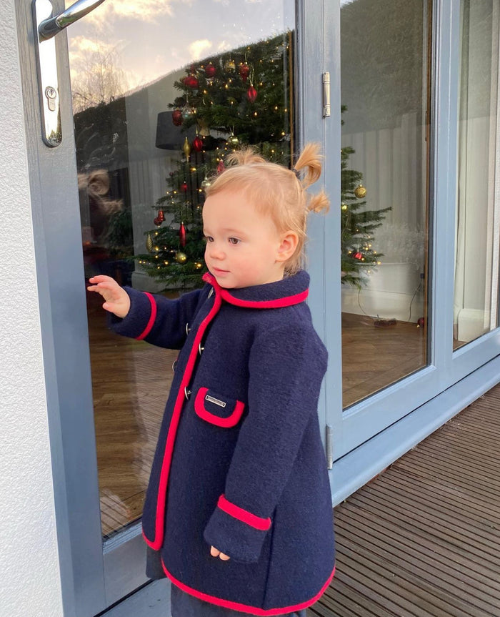 Girls Navy With Red Trim Wool Coat