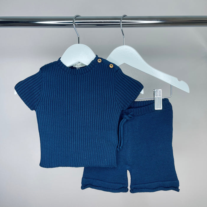 Navy Knitted Ribbed Shorts Set