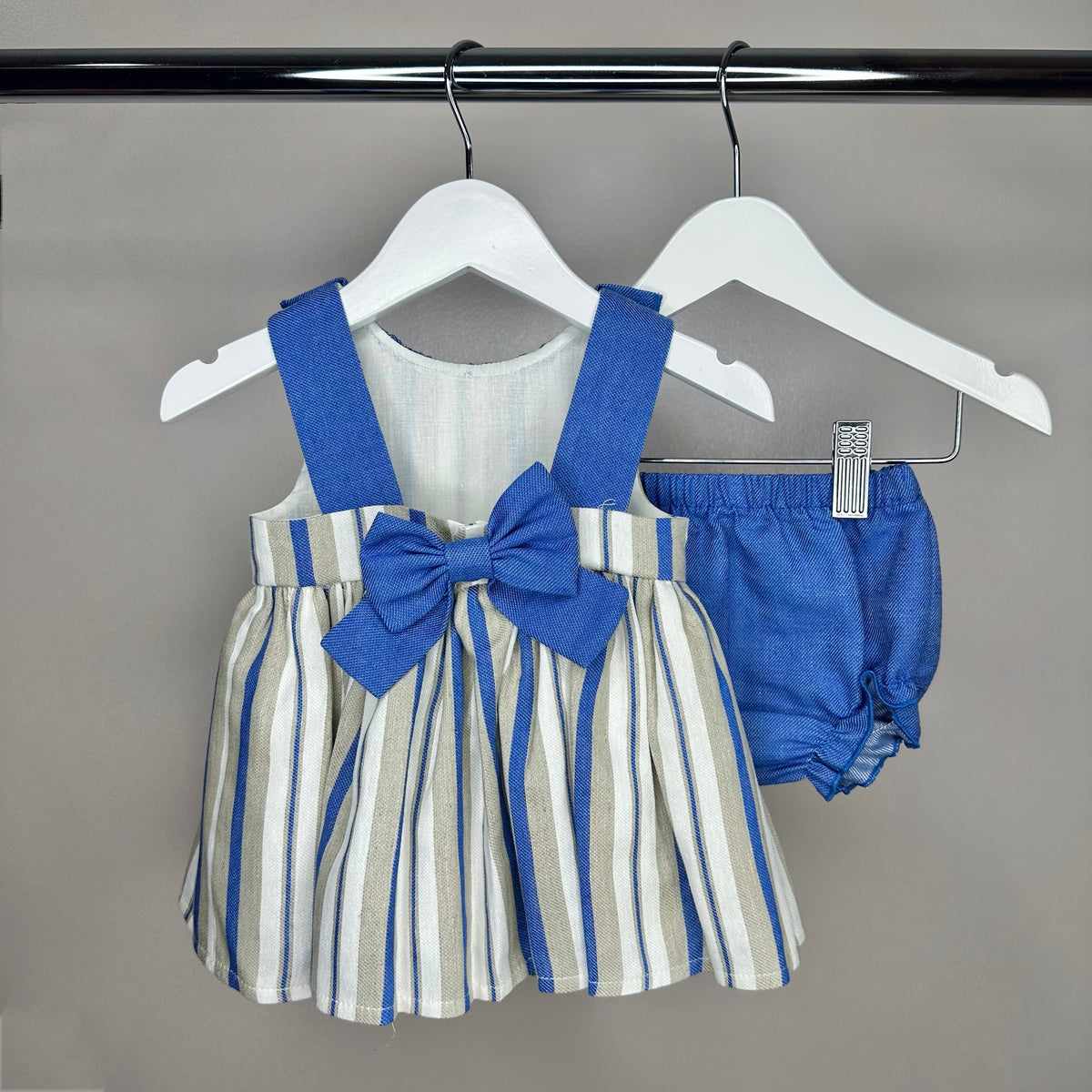 Beige & Blue Stripe Dress & Pant Set