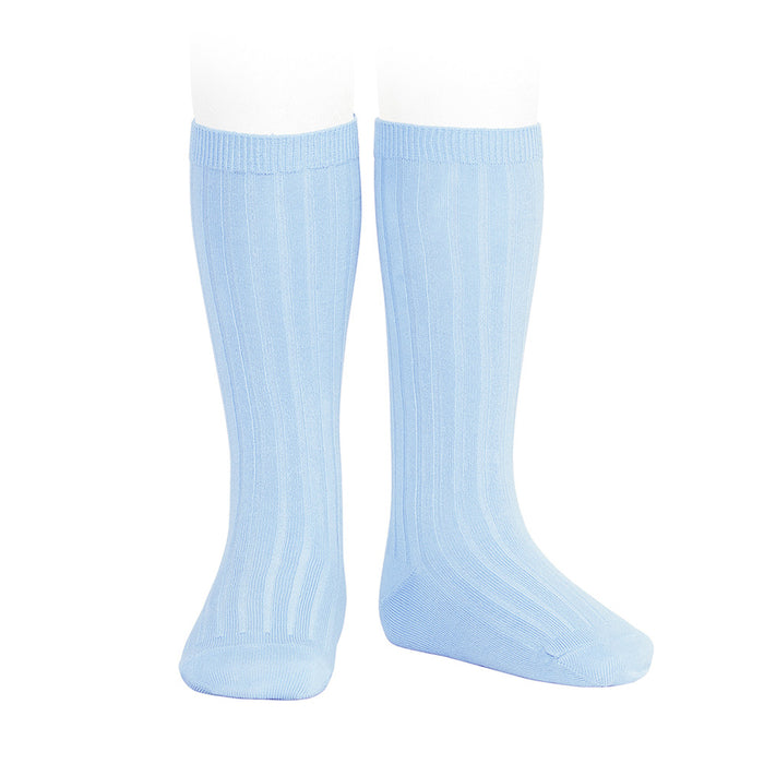 Blue Ribbed Knee High Socks