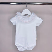 White Frill Collar Bodysuit With Pink Stitching